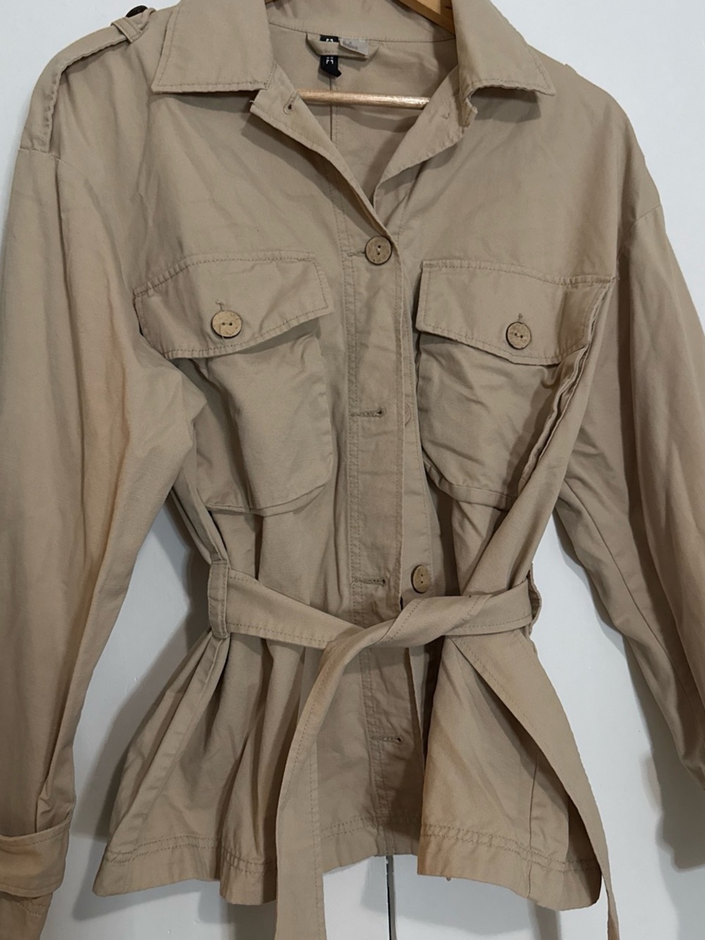 Divided Beige Utility Jacket with Self-Tie Belt
